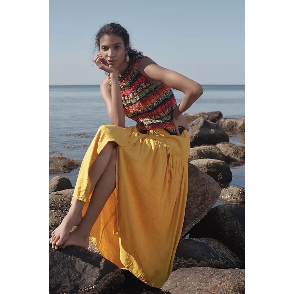 Maeve Anthropologie NEW Gold Yellow Tiered Buttons Maxi Skirt XL Prairie Cottage